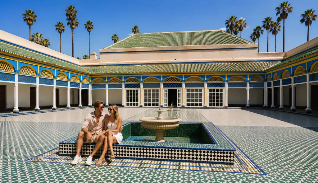 Entradas Palacio de la Bahía en Marrakech – patio, fuente y arquitectura marroquí tradicional